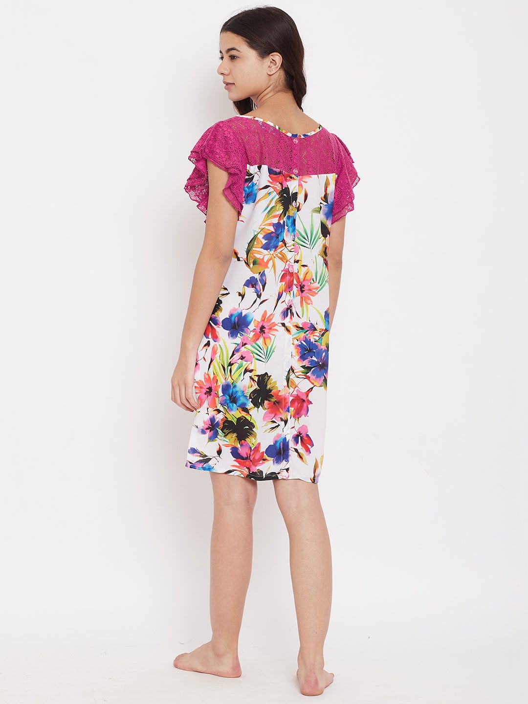 The Kaftan Company Loungewear Pink Floral Sleepdress with Lace Yoke - (Clearance - Final Sale)