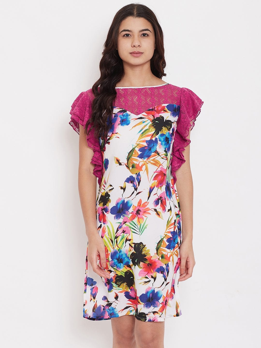 The Kaftan Company Loungewear Pink Floral Sleepdress with Lace Yoke - (Clearance - Final Sale)