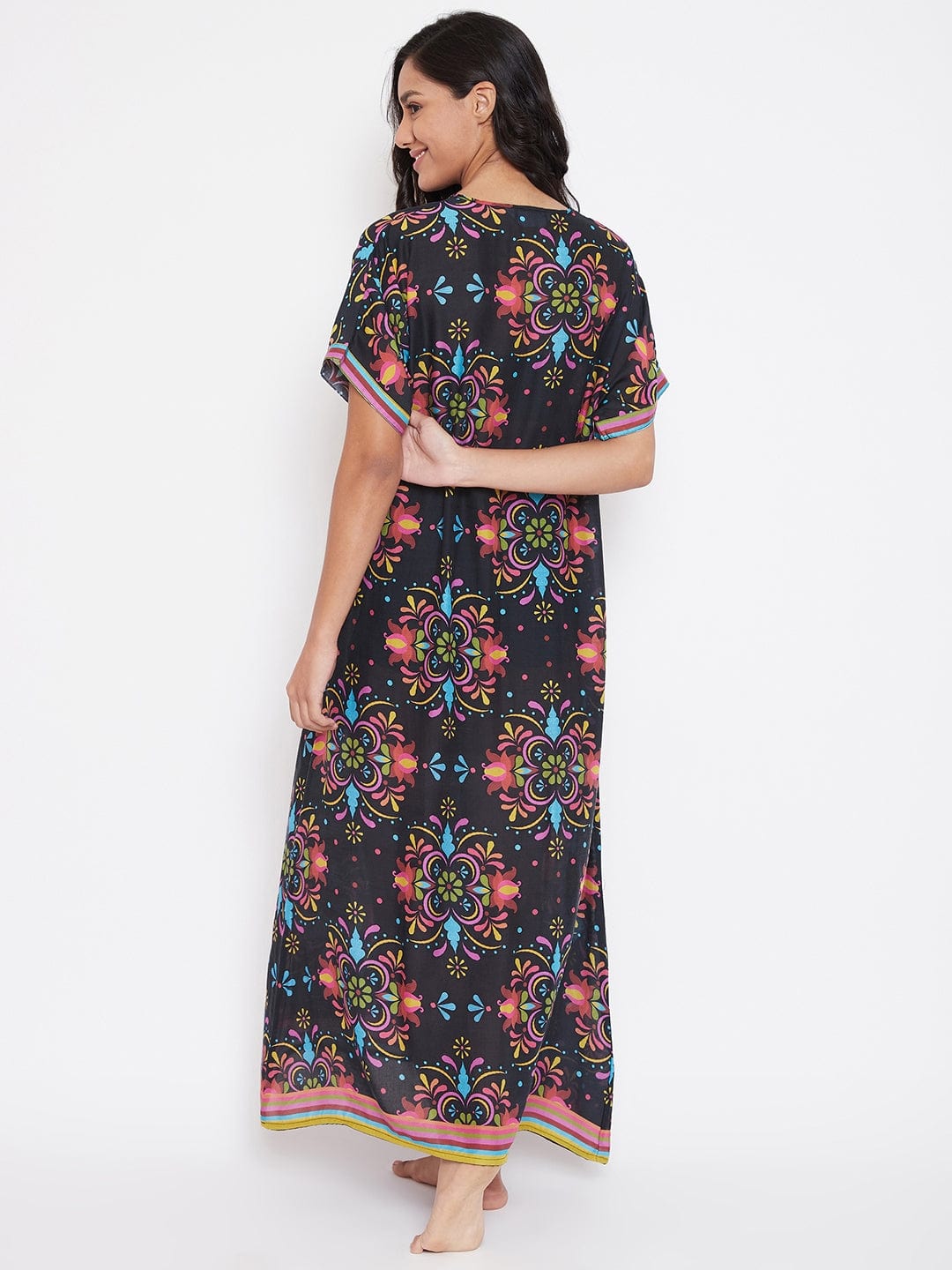 The Kaftan Company Nightdress Floral Rhythm Modal Black Nighty