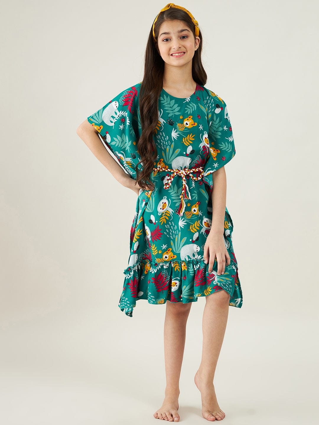 The Kaftan Company Nightdress Girls Forest Green Jungle Party Kaftan Nightdress