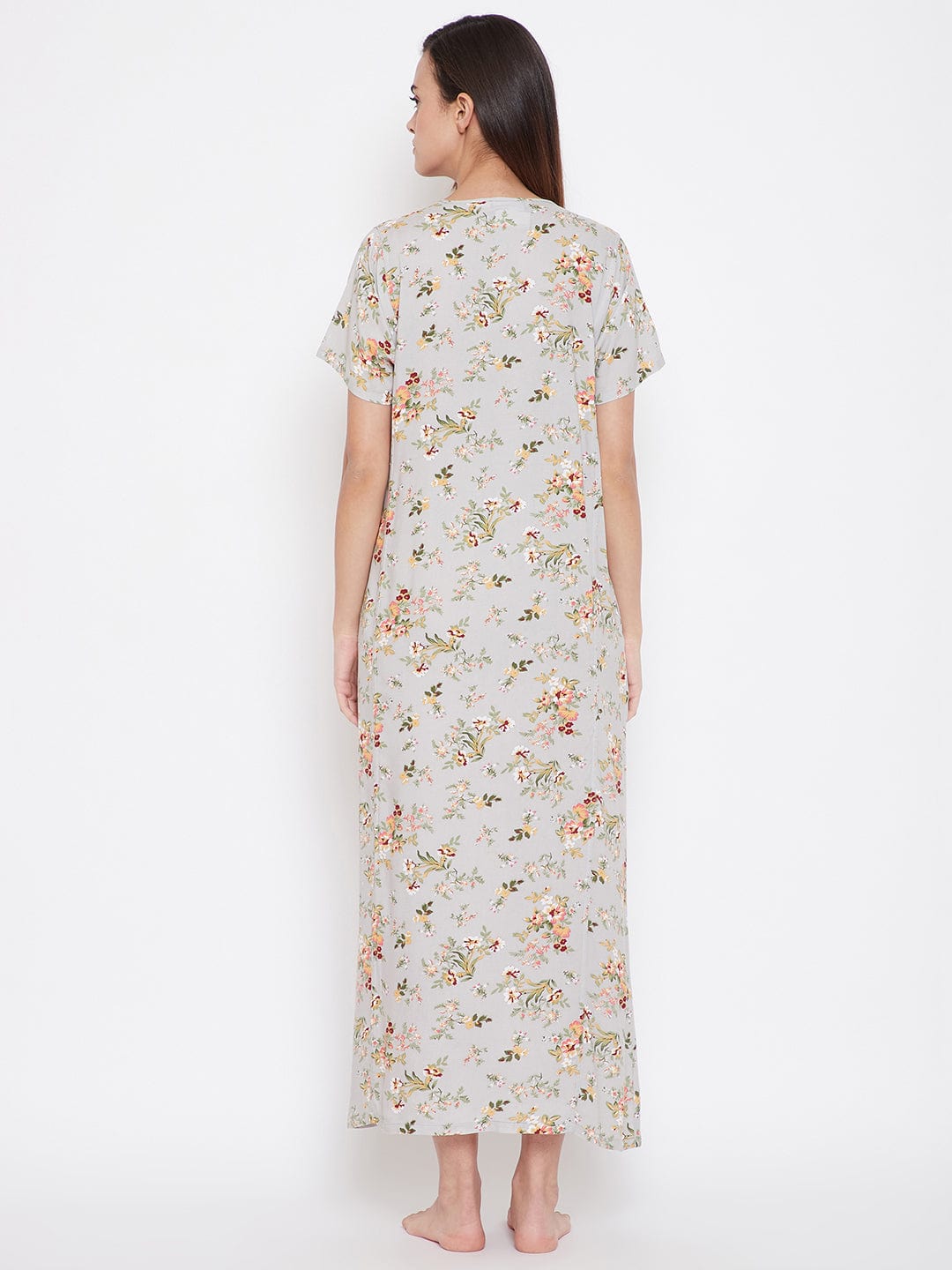 The Kaftan Company Nightdress Grey Floral Nightdress with Lace Yoke - (Clearance - Final Sale)