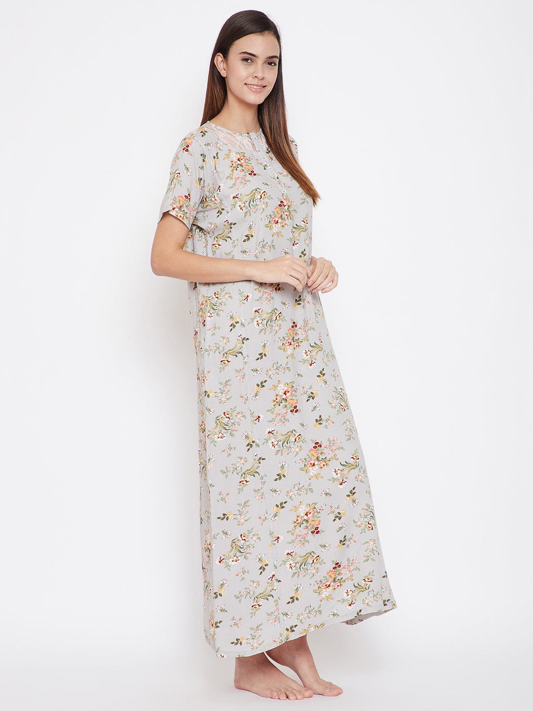 The Kaftan Company Nightdress Grey Floral Nightdress with Lace Yoke - (Clearance - Final Sale)