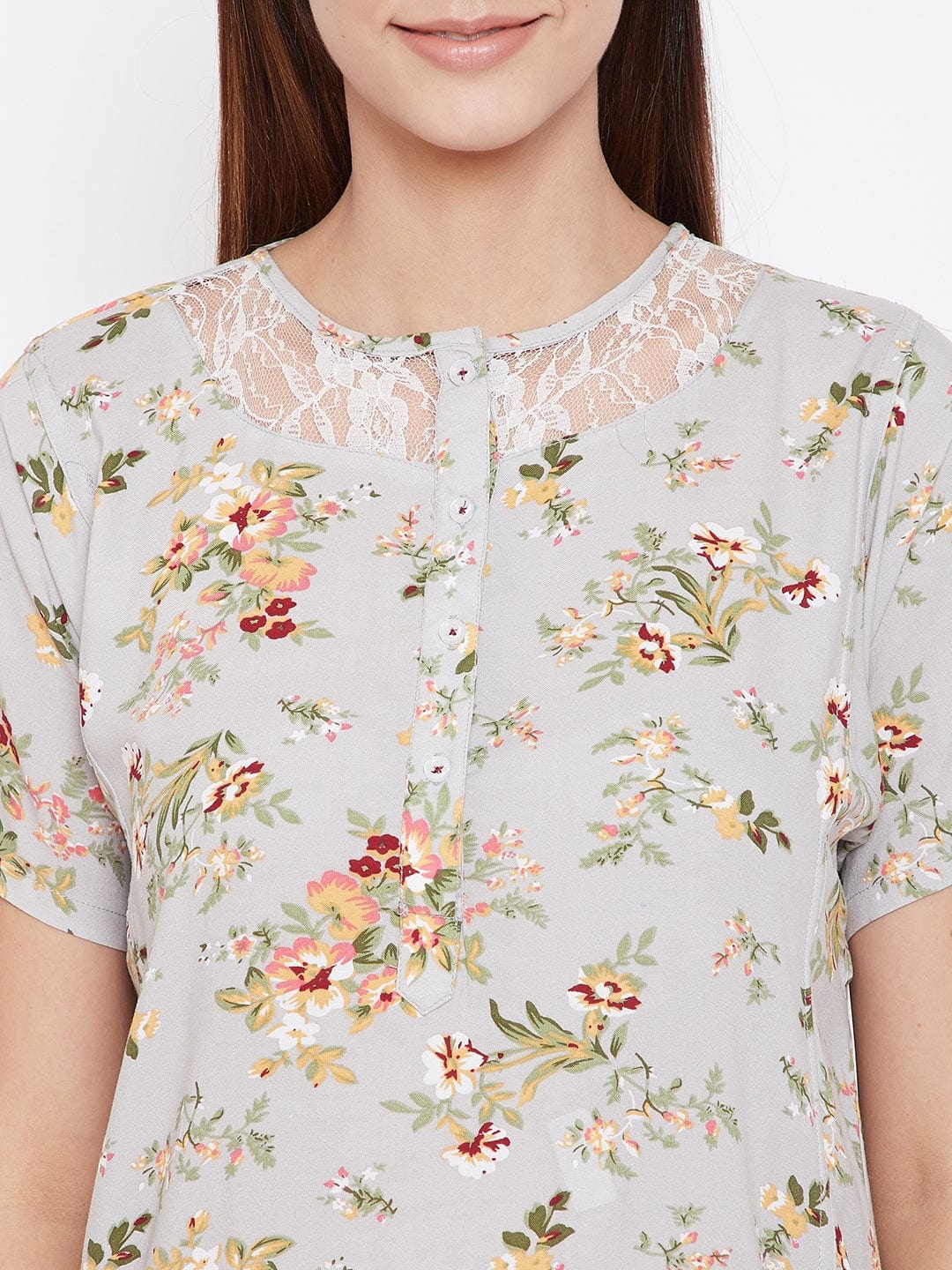 The Kaftan Company Nightdress Grey Floral Nightdress with Lace Yoke - (Clearance - Final Sale)