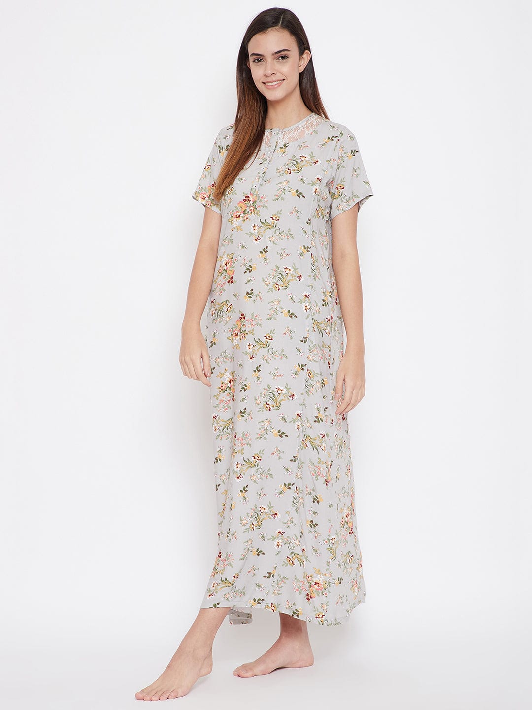 The Kaftan Company Nightdress Grey Floral Nightdress with Lace Yoke - (Clearance - Final Sale)
