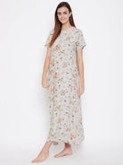 The Kaftan Company Nightdress Grey Floral Nightdress with Lace Yoke - (Clearance - Final Sale)