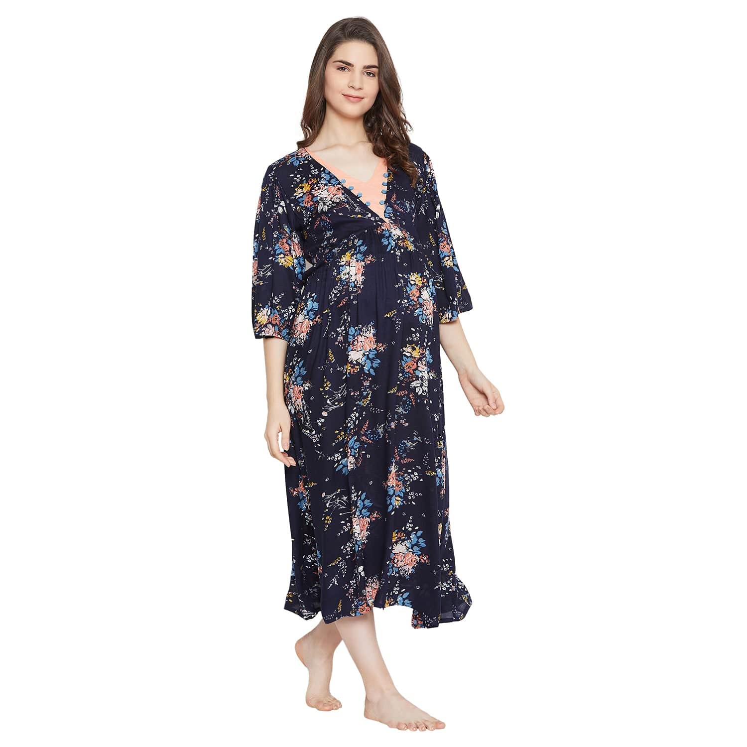 The Kaftan Company Nightdress Navy Blue Floral Maternity Dress - (Clearance - Final Sale)