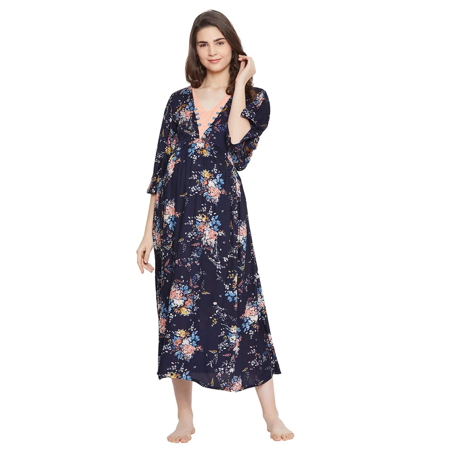The Kaftan Company Nightdress Navy Blue Floral Maternity Dress - (Clearance - Final Sale)