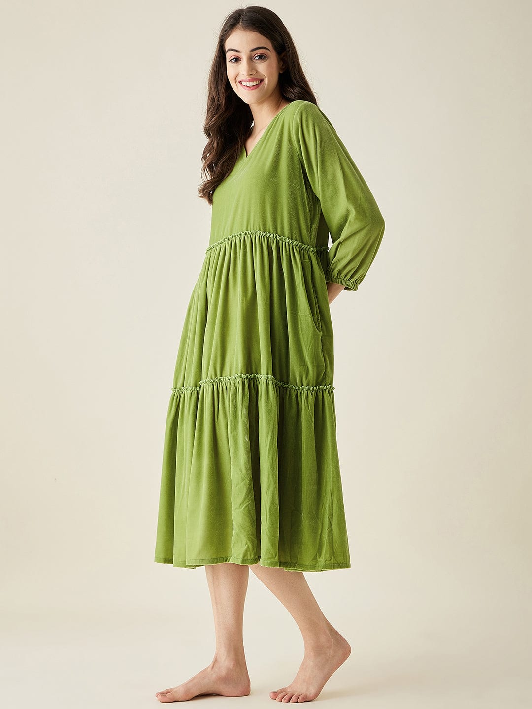 The Kaftan Company Nightdress Olive Velvet Layered Midi Loungedress