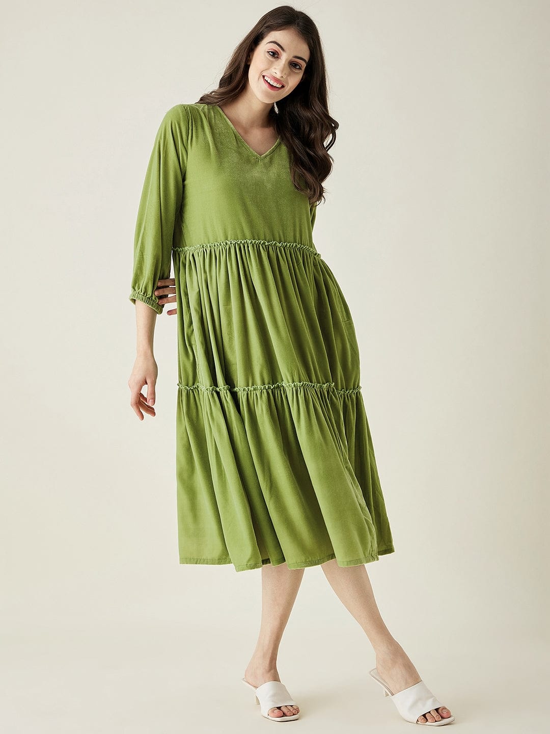 The Kaftan Company Nightdress Olive Velvet Layered Midi Loungedress