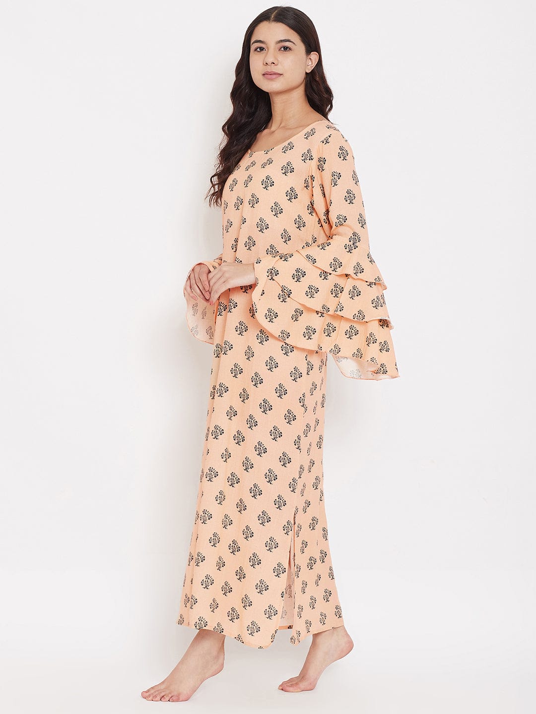 The Kaftan Company Nightdress Peach Buti Nightdress with Layered Sleeves - (Clearance - Final Sale)