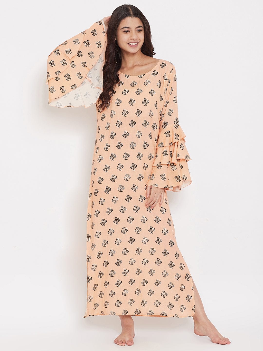 The Kaftan Company Nightdress Peach Buti Nightdress with Layered Sleeves - (Clearance - Final Sale)