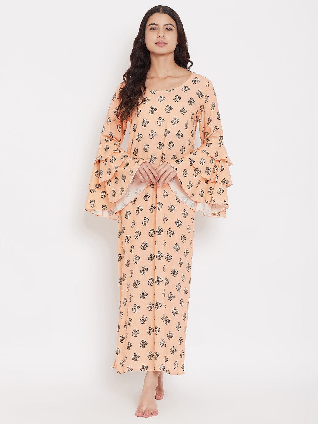 The Kaftan Company Nightdress Peach Buti Nightdress with Layered Sleeves - (Clearance - Final Sale)