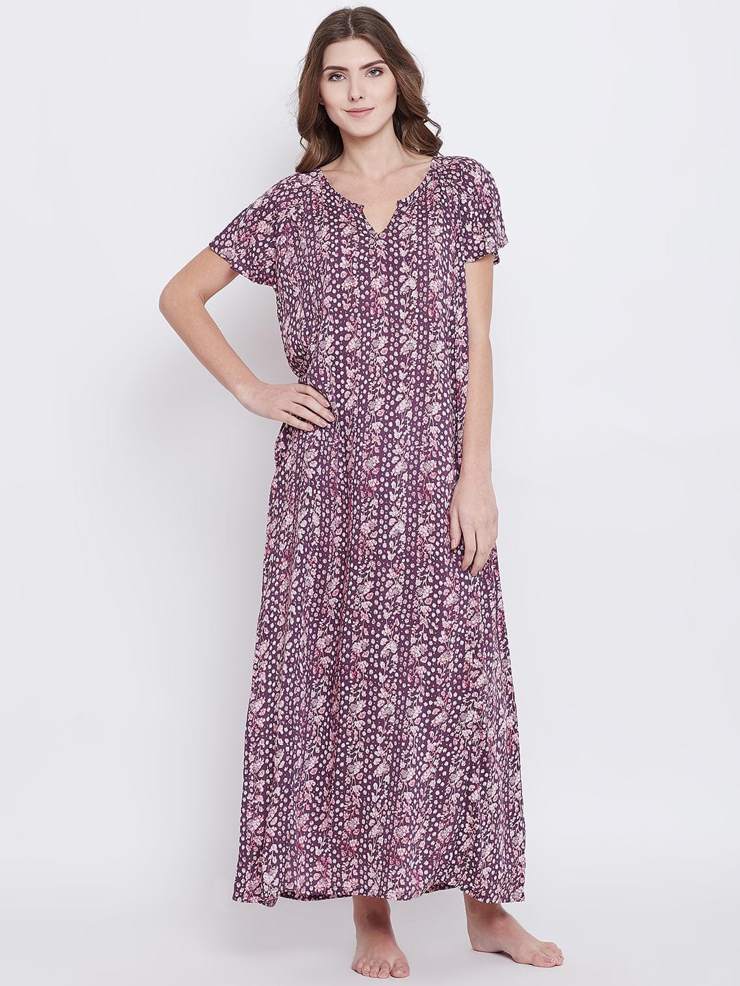 The Kaftan Company Nightdress Purple Floral Printed Nightdress - (Clearance - Final Sale)