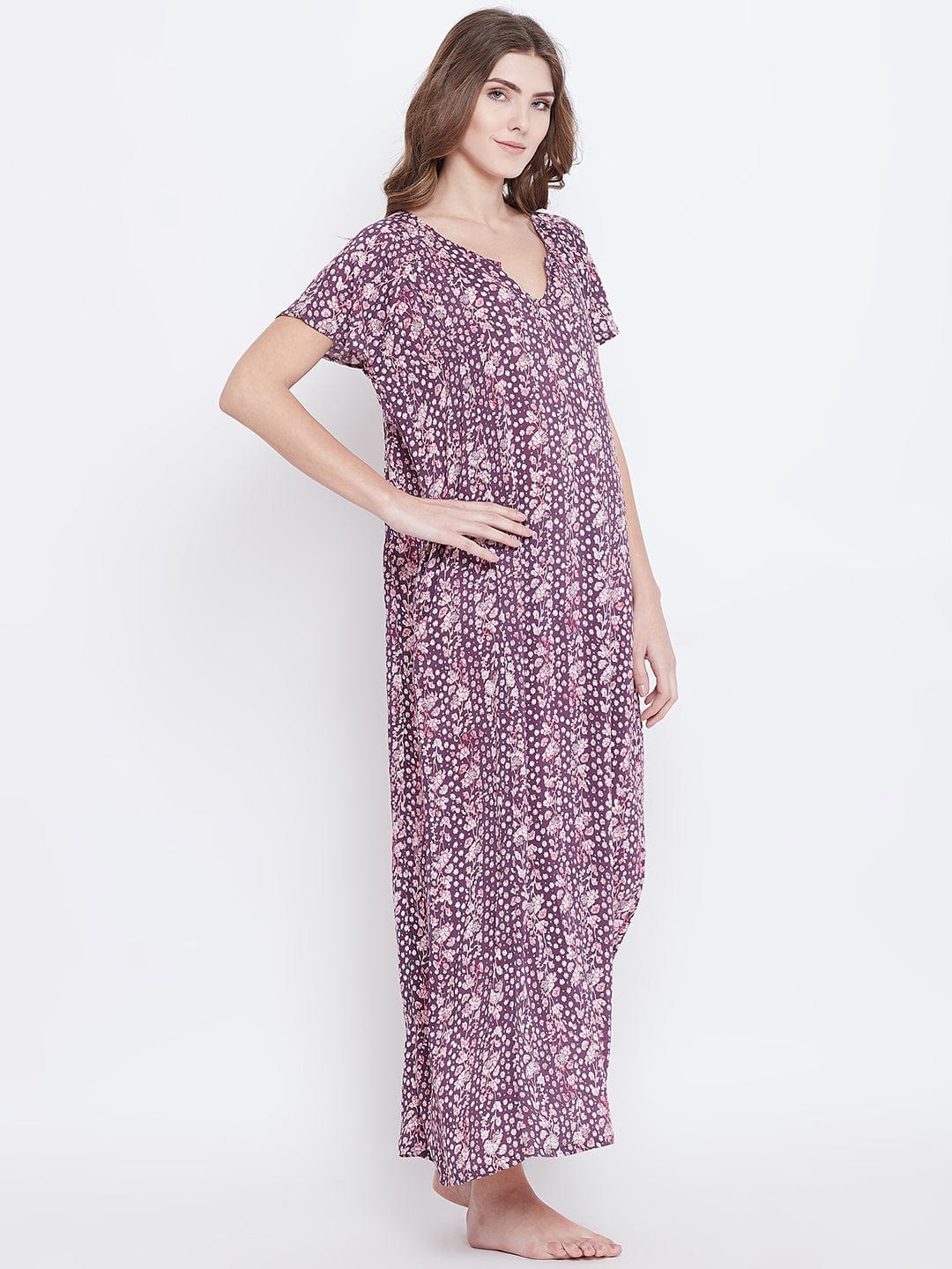 The Kaftan Company Nightdress Purple Floral Printed Nightdress - (Clearance - Final Sale)