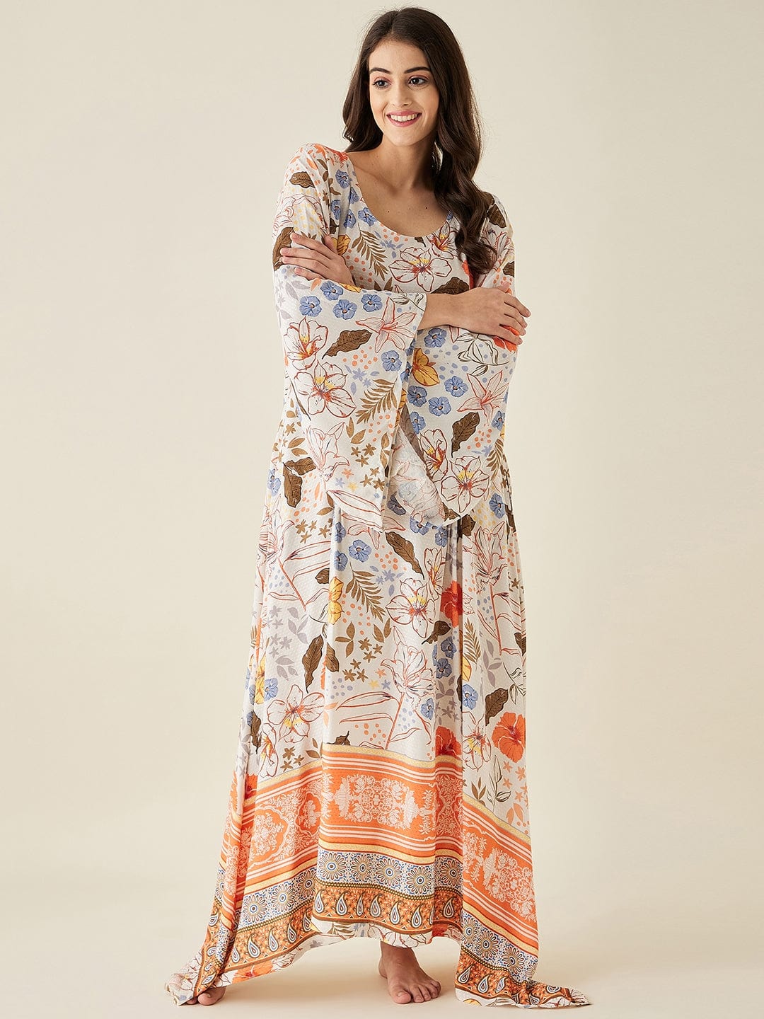 The Kaftan Company Nightdress White Flora Flared Sleeve Modal Lounge Dress