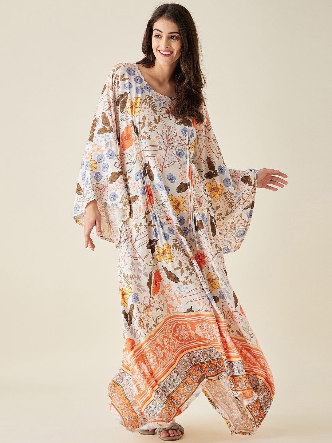 The Kaftan Company Nightdress White Flora Flared Sleeve Modal Lounge Dress