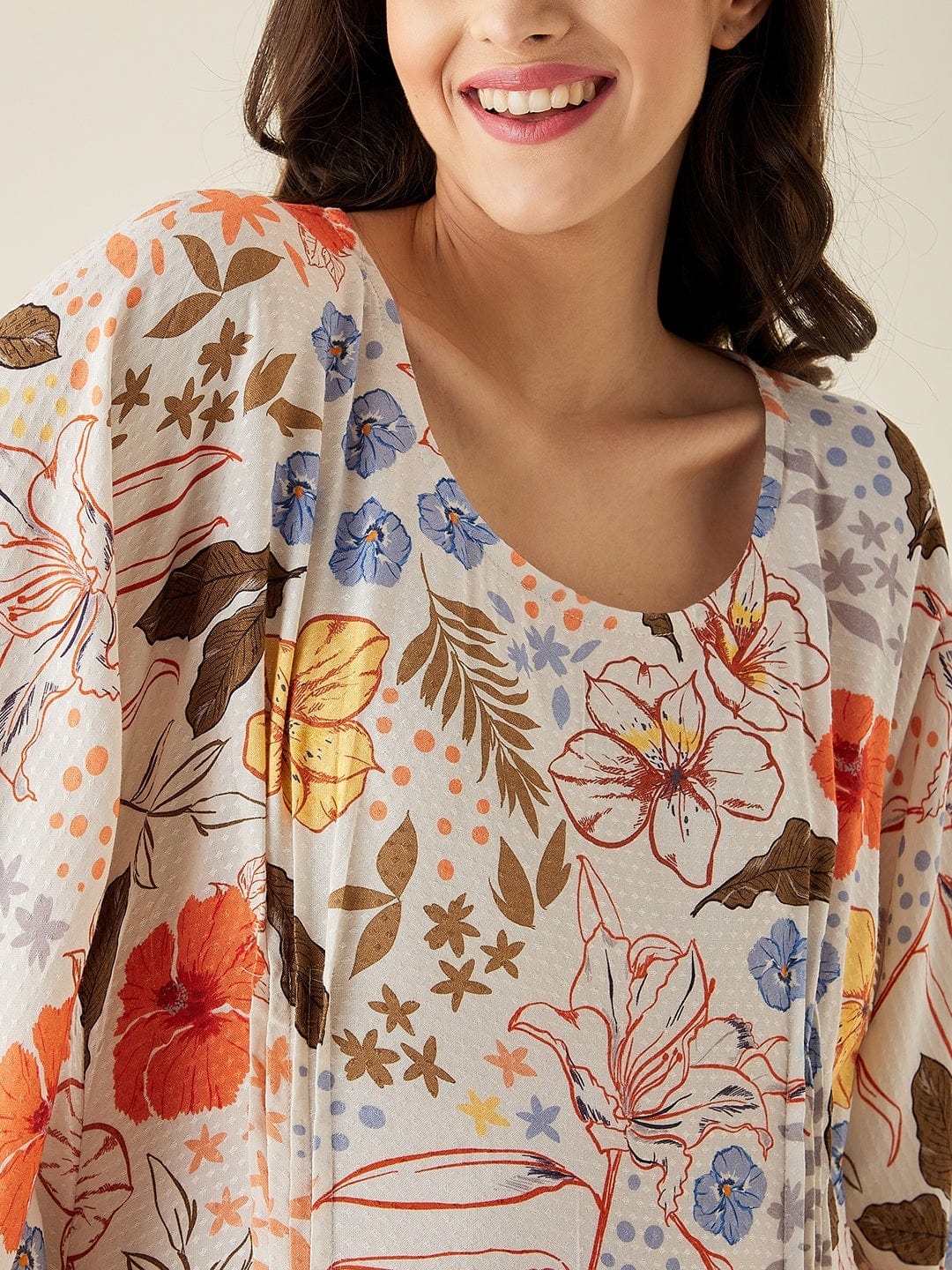 The Kaftan Company Nightdress White Flora Flared Sleeve Modal Lounge Dress