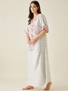 The Kaftan Company Nightdress White Floral Printed Satin Night Dress with Eyemask