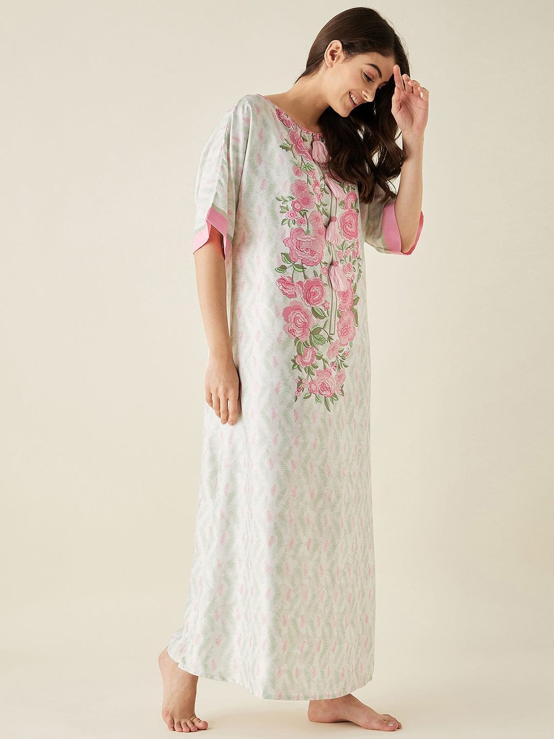 The Kaftan Company Nightdress White Floral Printed Satin Night Dress with Eyemask -Final Sale