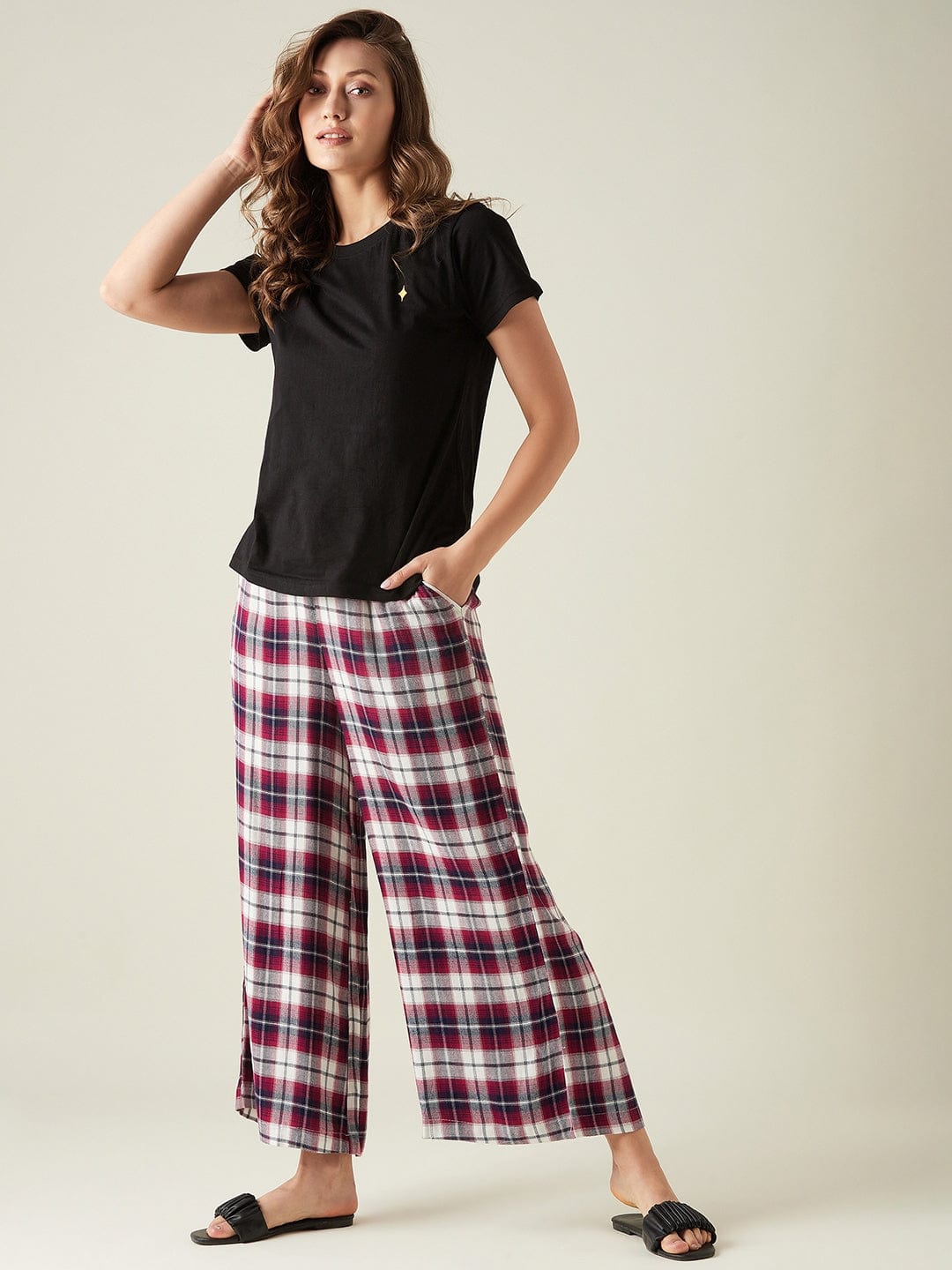 The Kaftan Company Pants Purple checks flared lounge pants (Final Sale)