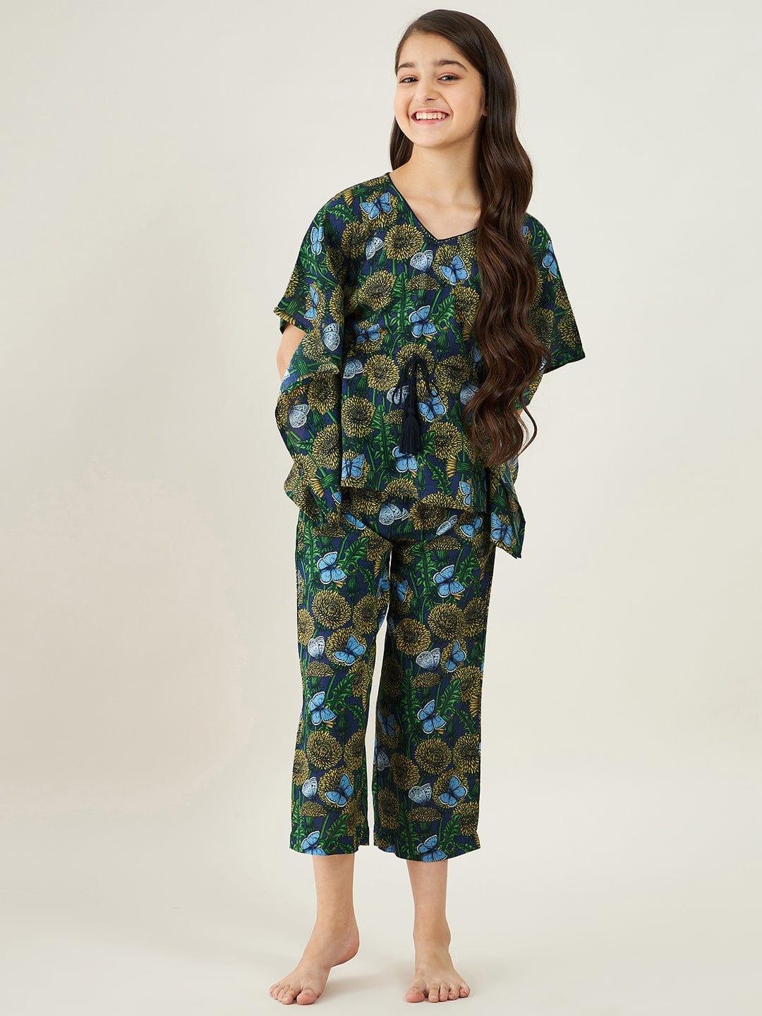 The Kaftan Company Pyjama Set Girls Navy Blue Daffodil Loungeset