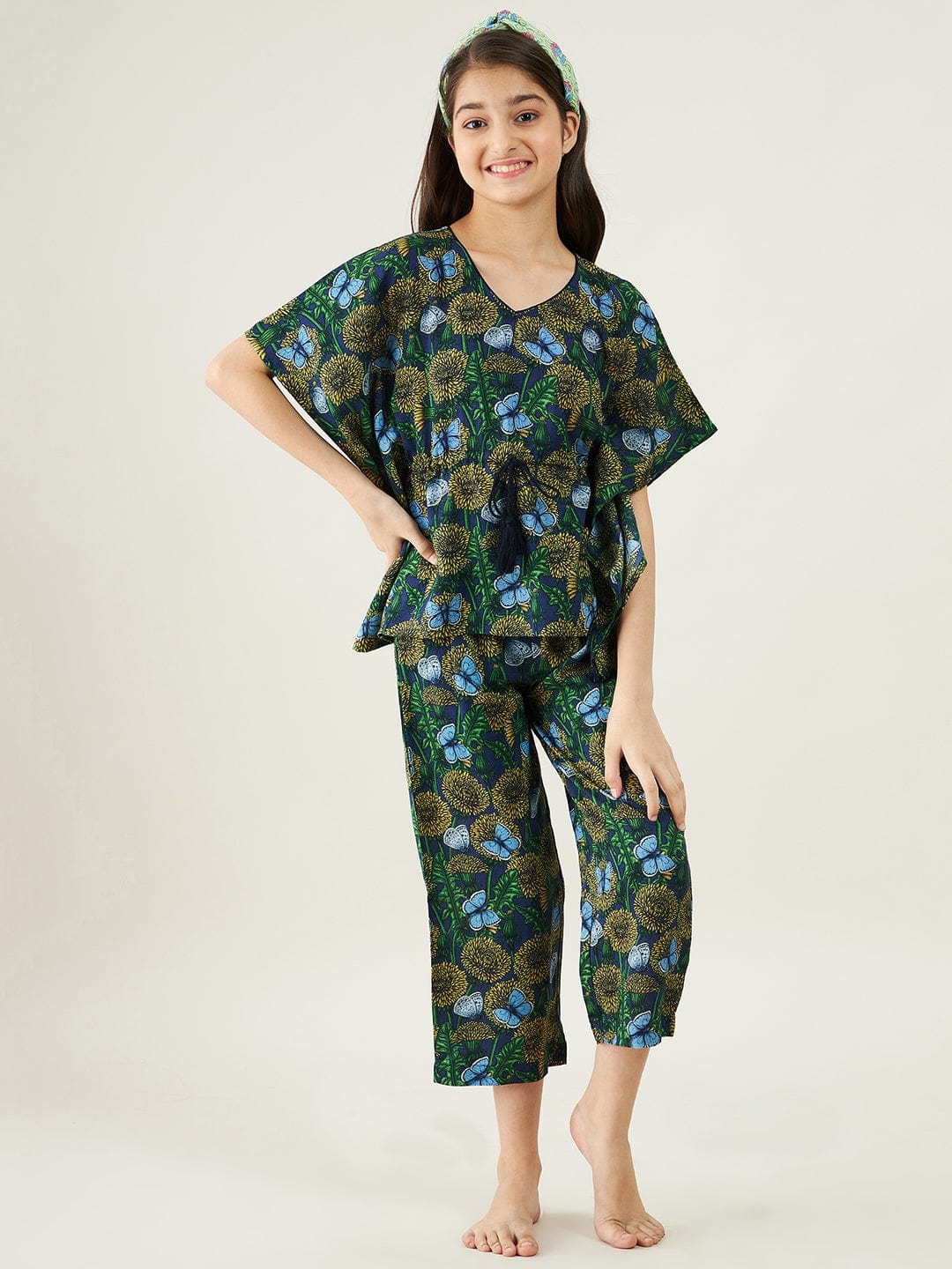 The Kaftan Company Pyjama Set Girls Navy Blue Daffodil Loungeset