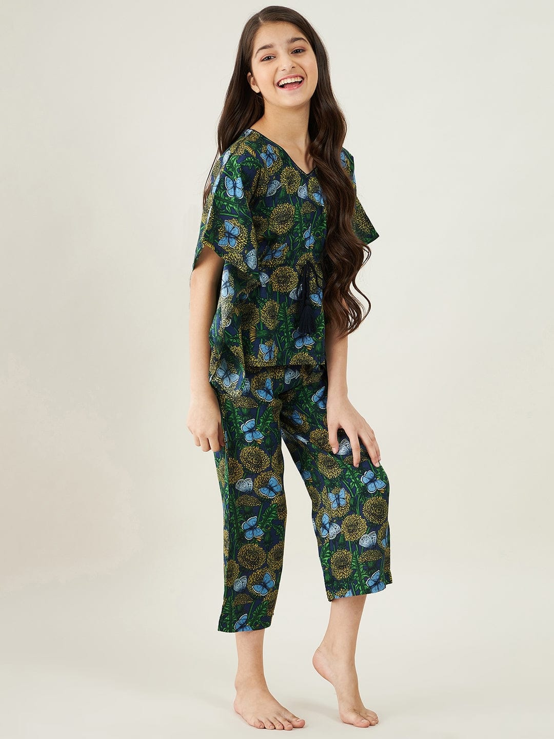 The Kaftan Company Pyjama Set Girls Navy Blue Daffodil Loungeset