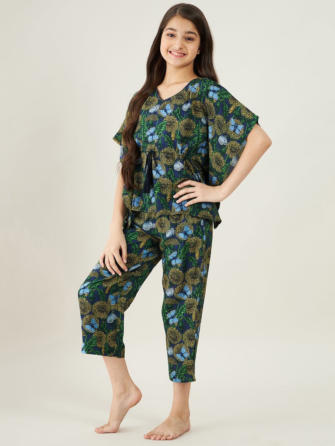 The Kaftan Company Pyjama Set Girls Navy Blue Daffodil Loungeset