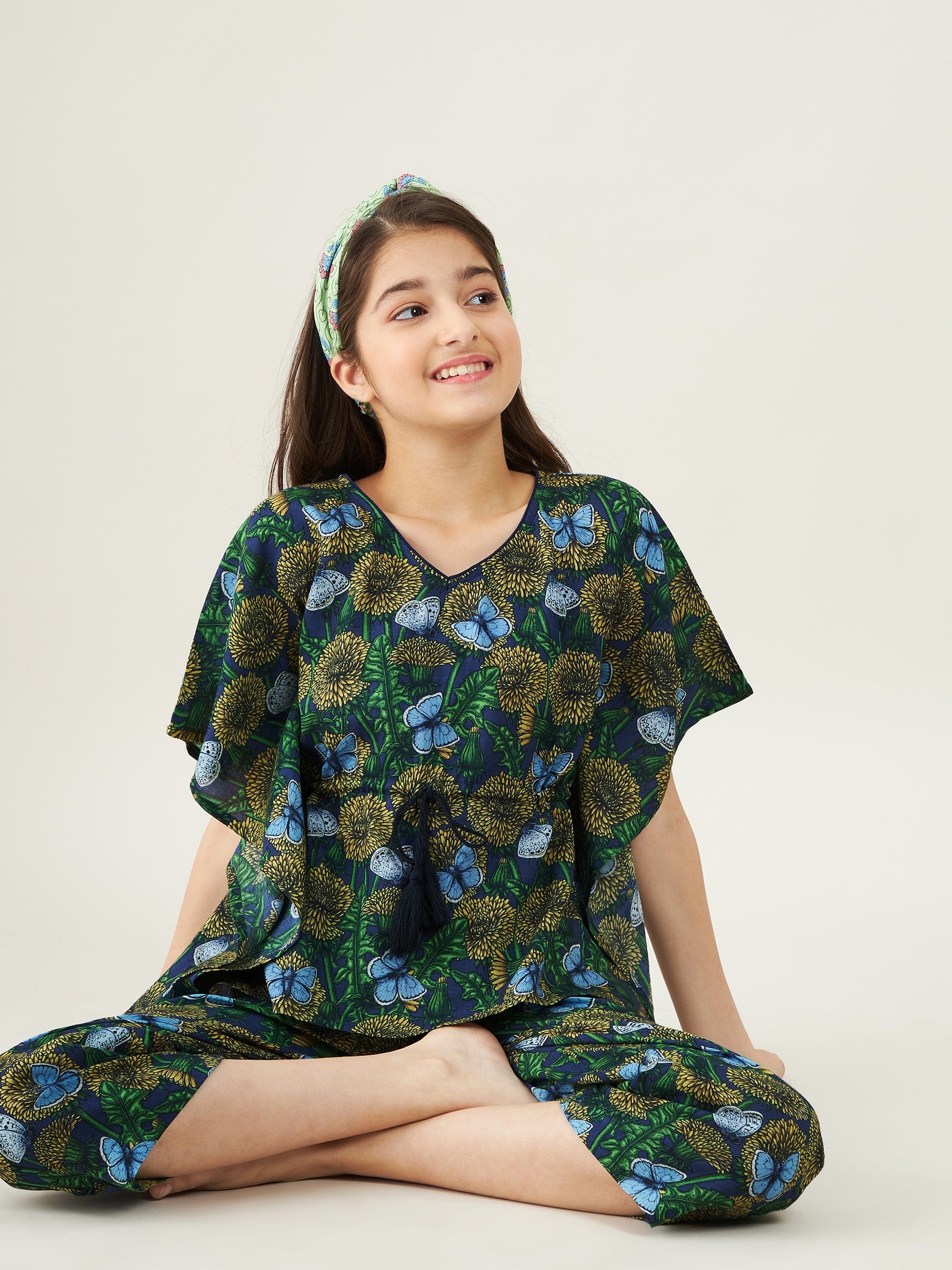 The Kaftan Company Pyjama Set Girls Navy Blue Daffodil Loungeset