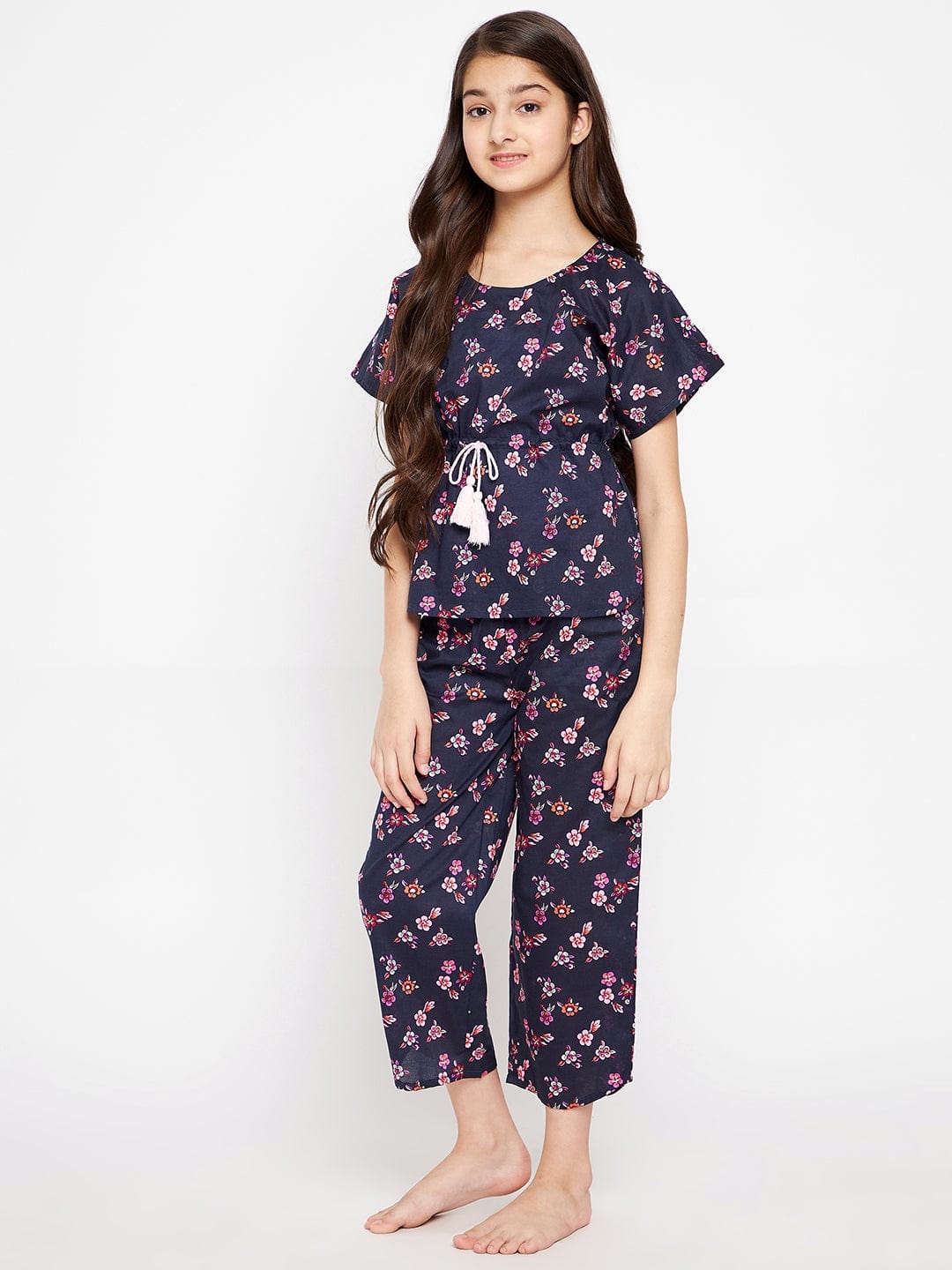 The Kaftan Company Pyjama Set Girls Navy Blue Flora Loungeset