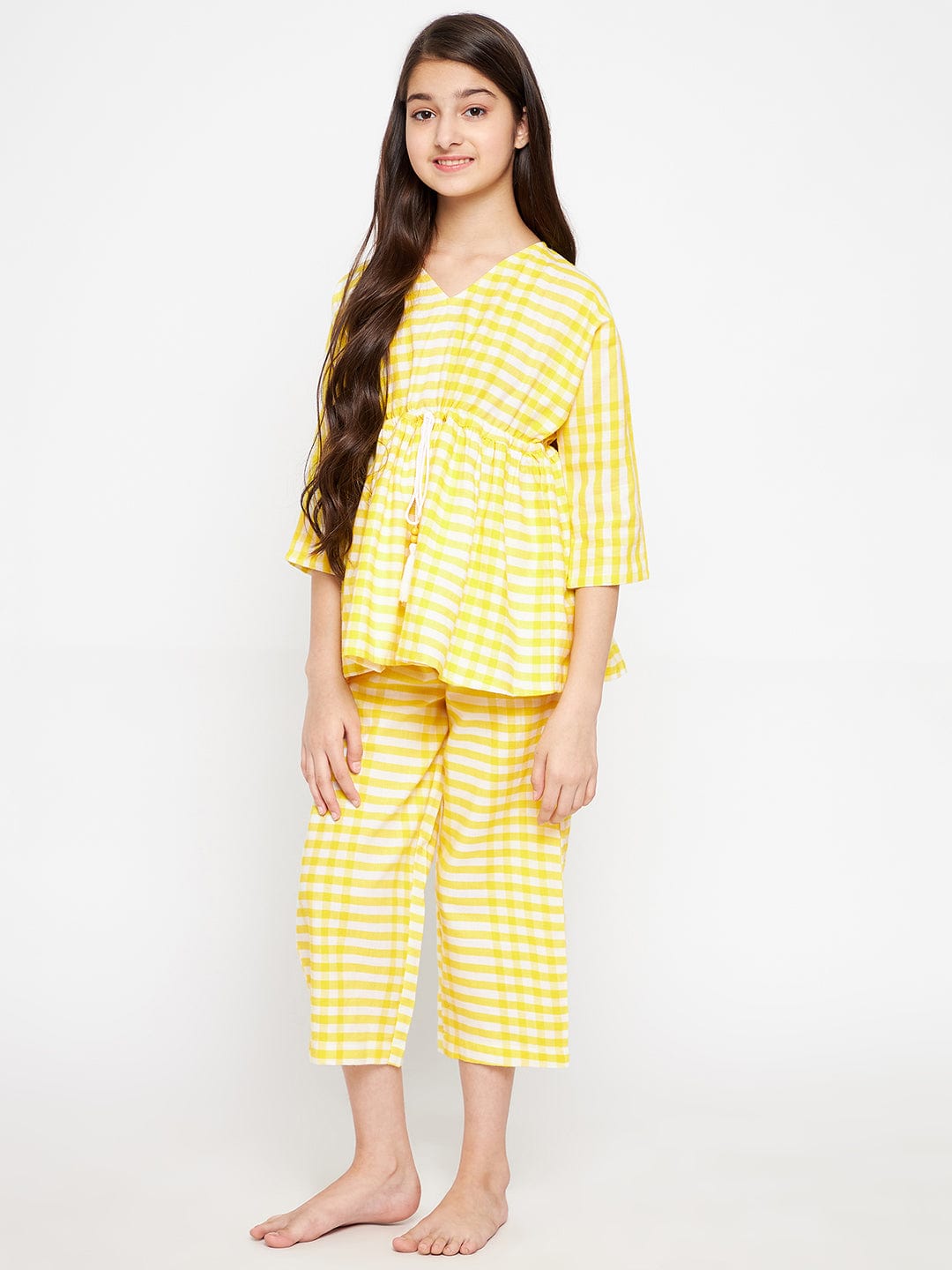 The Kaftan Company Pyjama Set Girls Yellow Gingham Cotton Loungeset