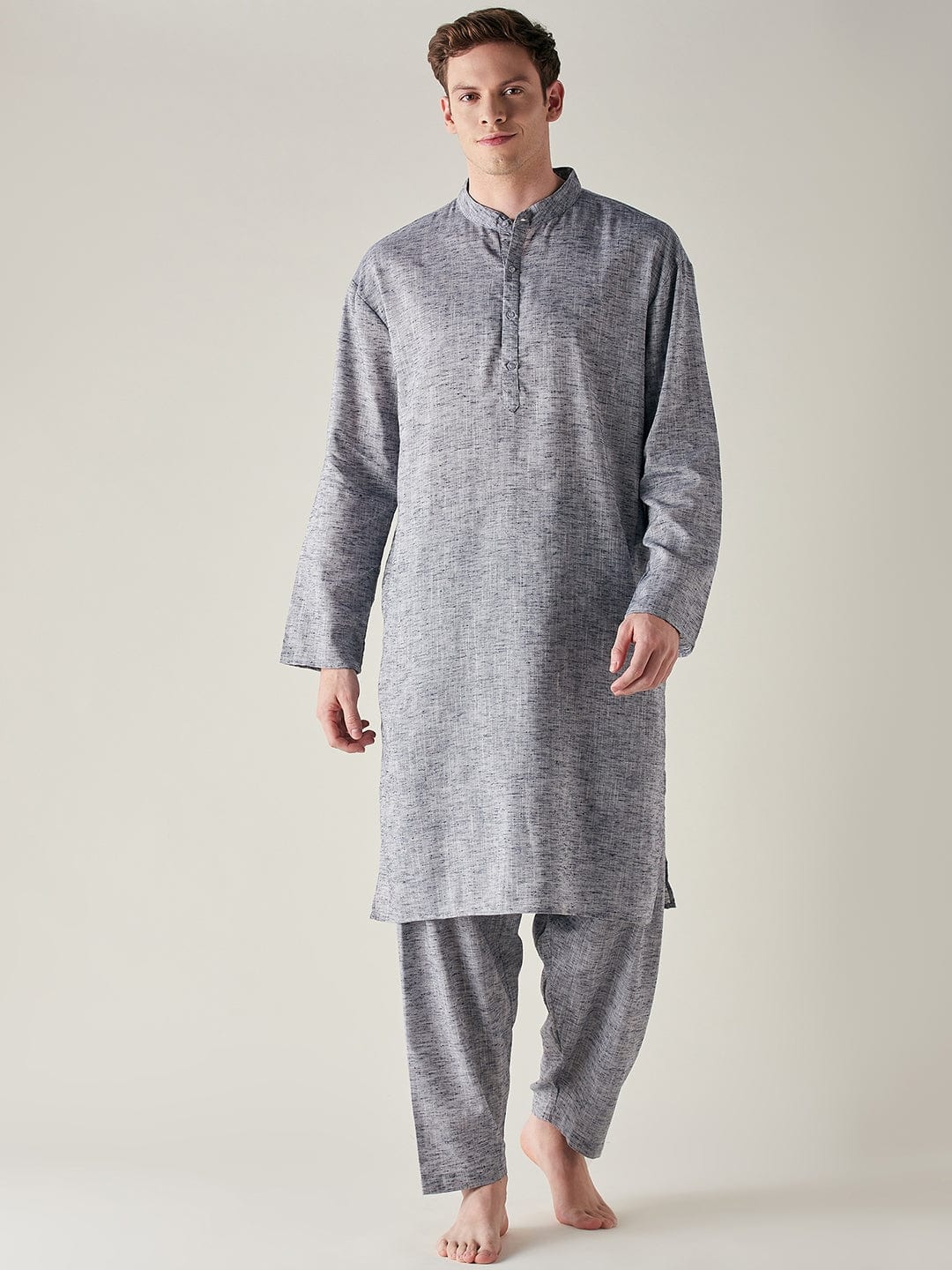 The Kaftan Company Pyjama Set Mens Grey Slub Cotton Pathani Kurta and Pyjama Set