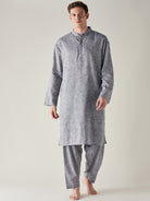 The Kaftan Company Pyjama Set Mens Grey Slub Cotton Pathani Kurta and Pyjama Set
