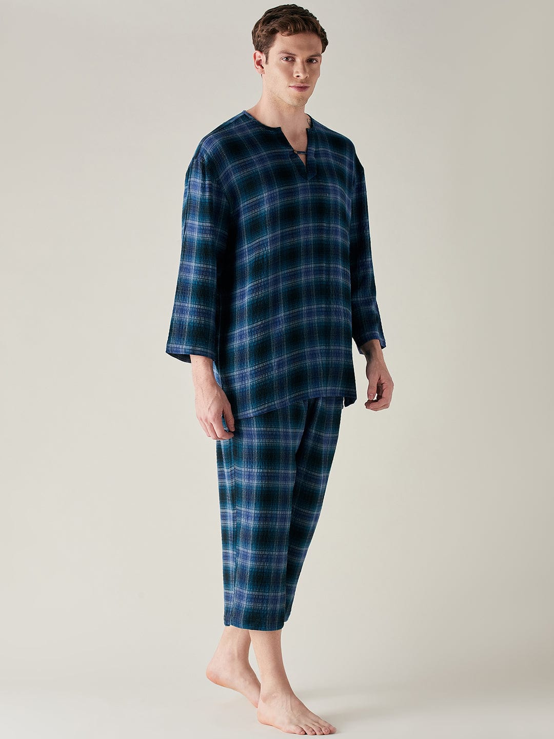 Blue Soft Cotton Plaid PJs Set For Men €“ The Kaftan Company