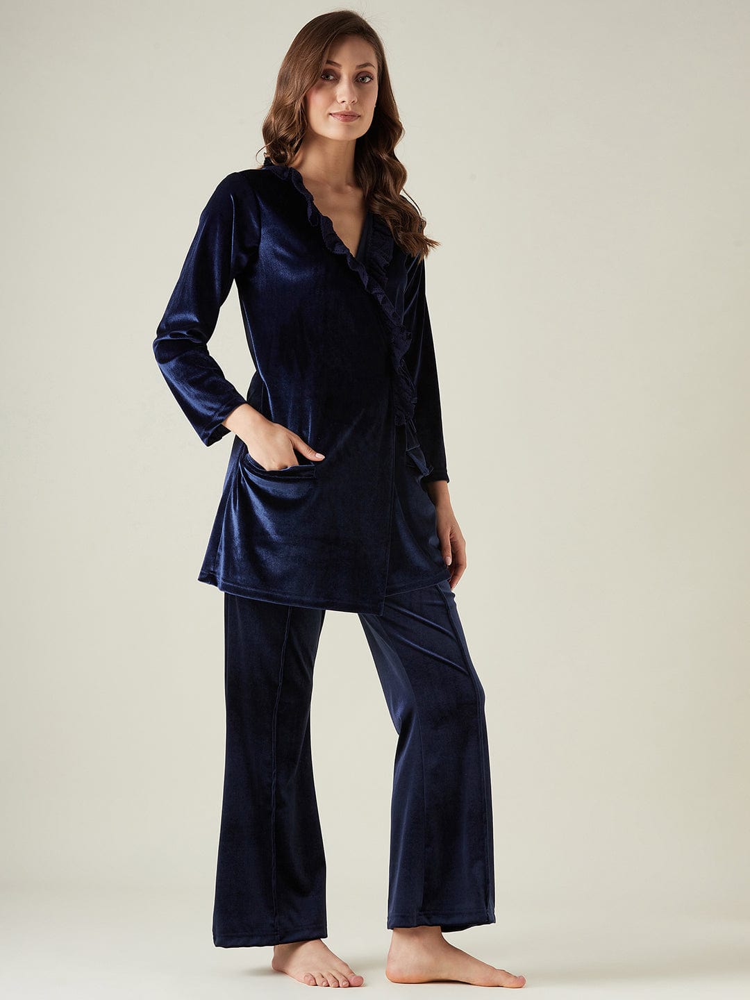 The Kaftan Company Pyjama Set Navy velvet wrap top lounge set