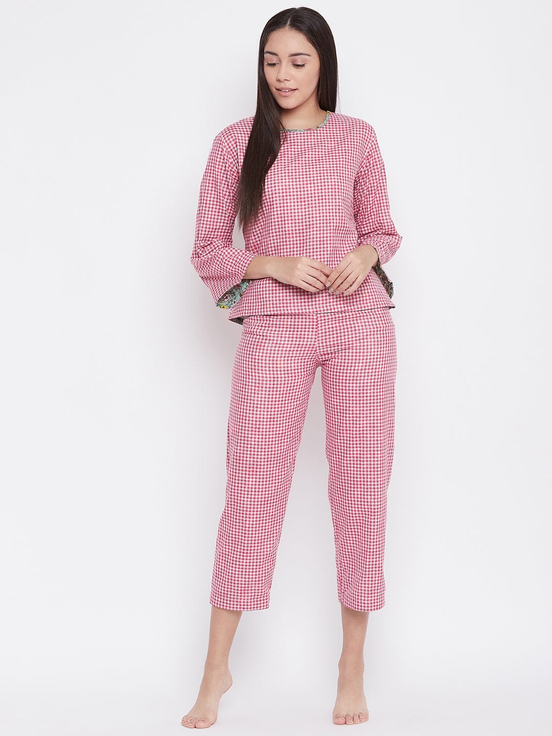 The Kaftan Company Pyjama Set Plaids and Flora Reversible Lounge Set