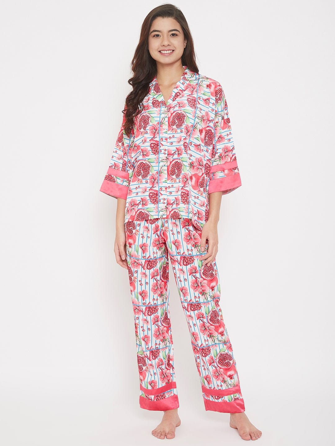 The Kaftan Company Pyjama Set Pomegranate Printed Striped Pyjama Set - (Clearance - Final Sale)