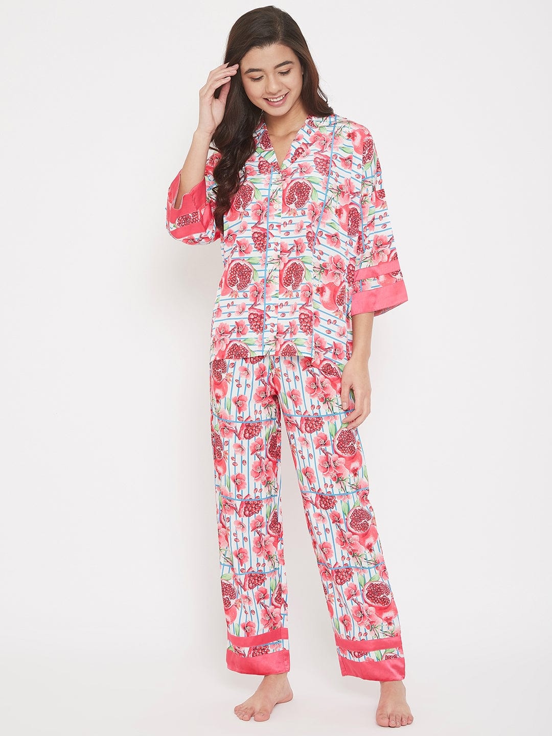 The Kaftan Company Pyjama Set Pomegranate Printed Striped Pyjama Set - (Clearance - Final Sale)