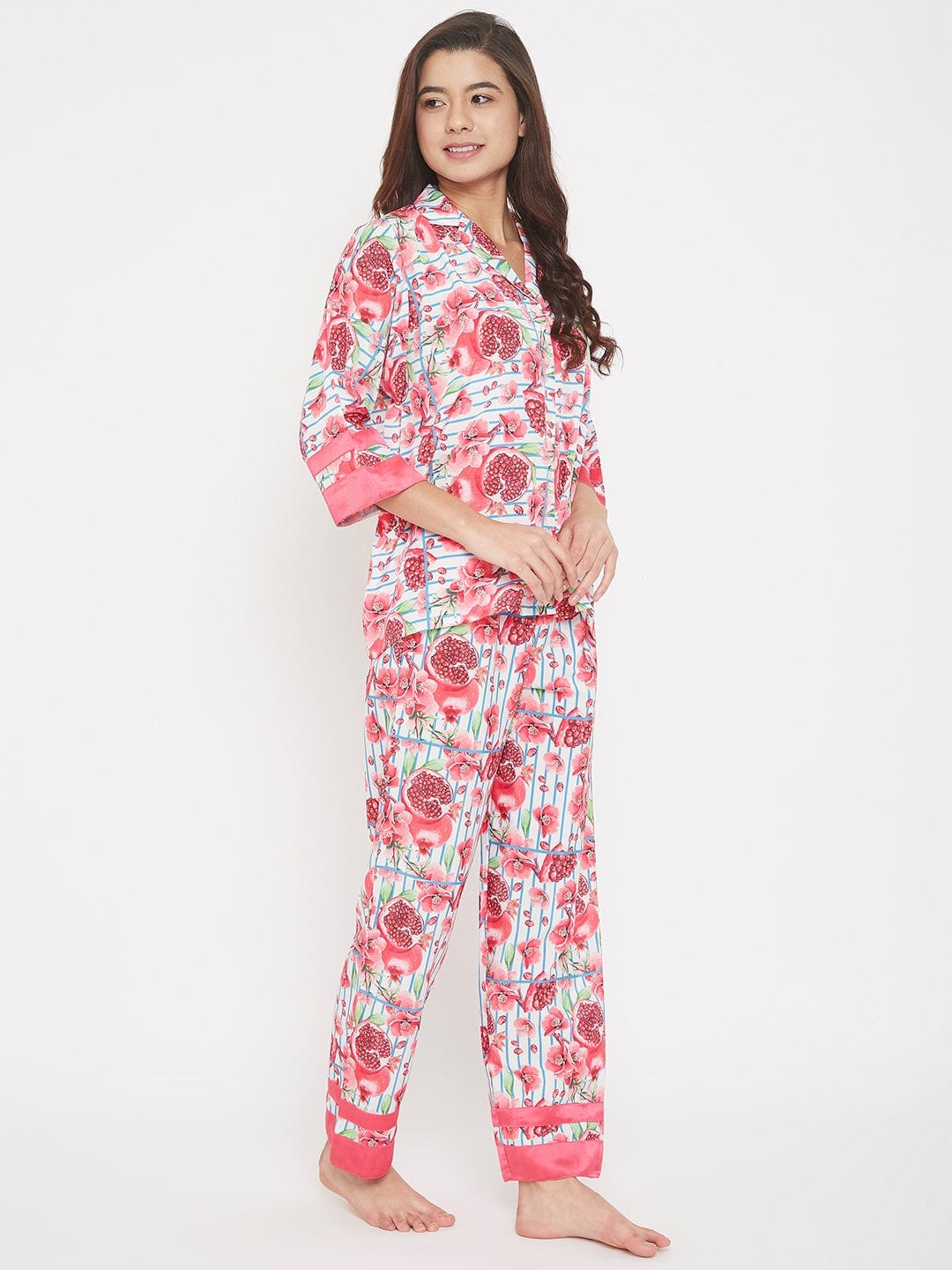 The Kaftan Company Pyjama Set Pomegranate Printed Striped Pyjama Set - (Clearance - Final Sale)