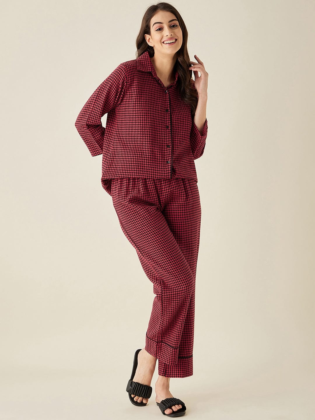 The Kaftan Company Pyjama Set Red Herringbone Cotton Pyjama Set