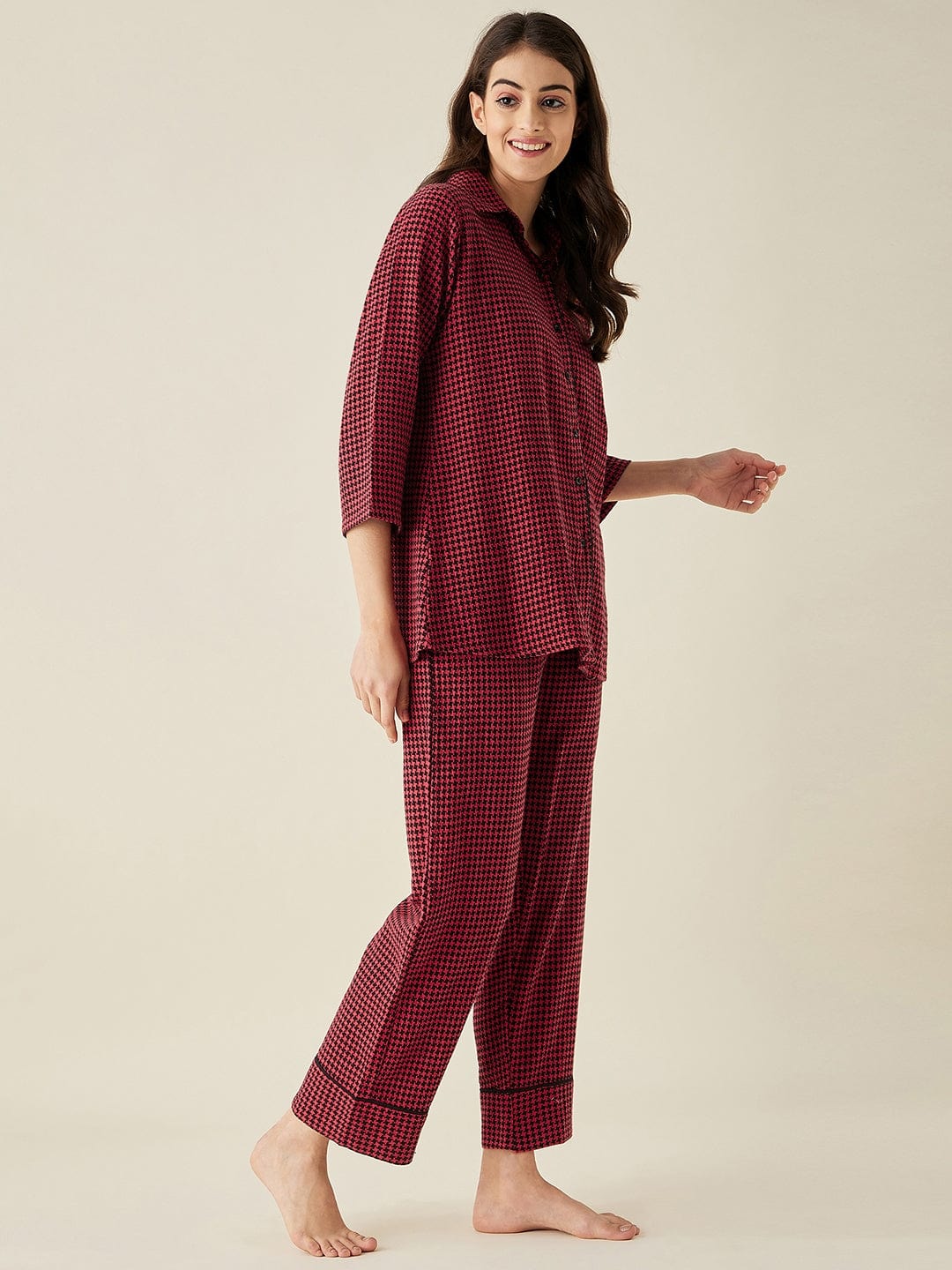 The Kaftan Company Pyjama Set Red Herringbone Cotton Pyjama Set