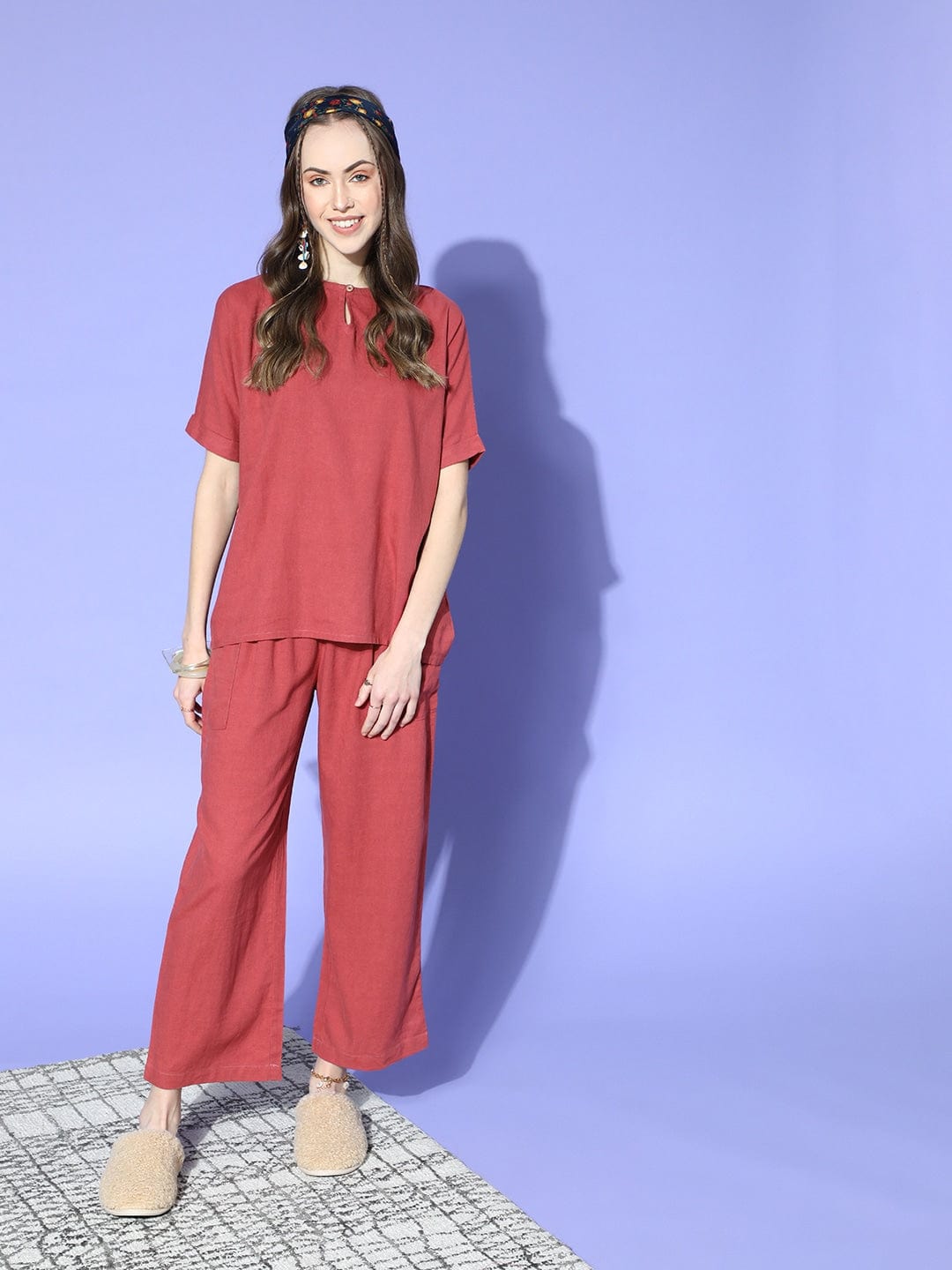 The Kaftan Company Pyjama Set Rust Red Linen Pyjama Set