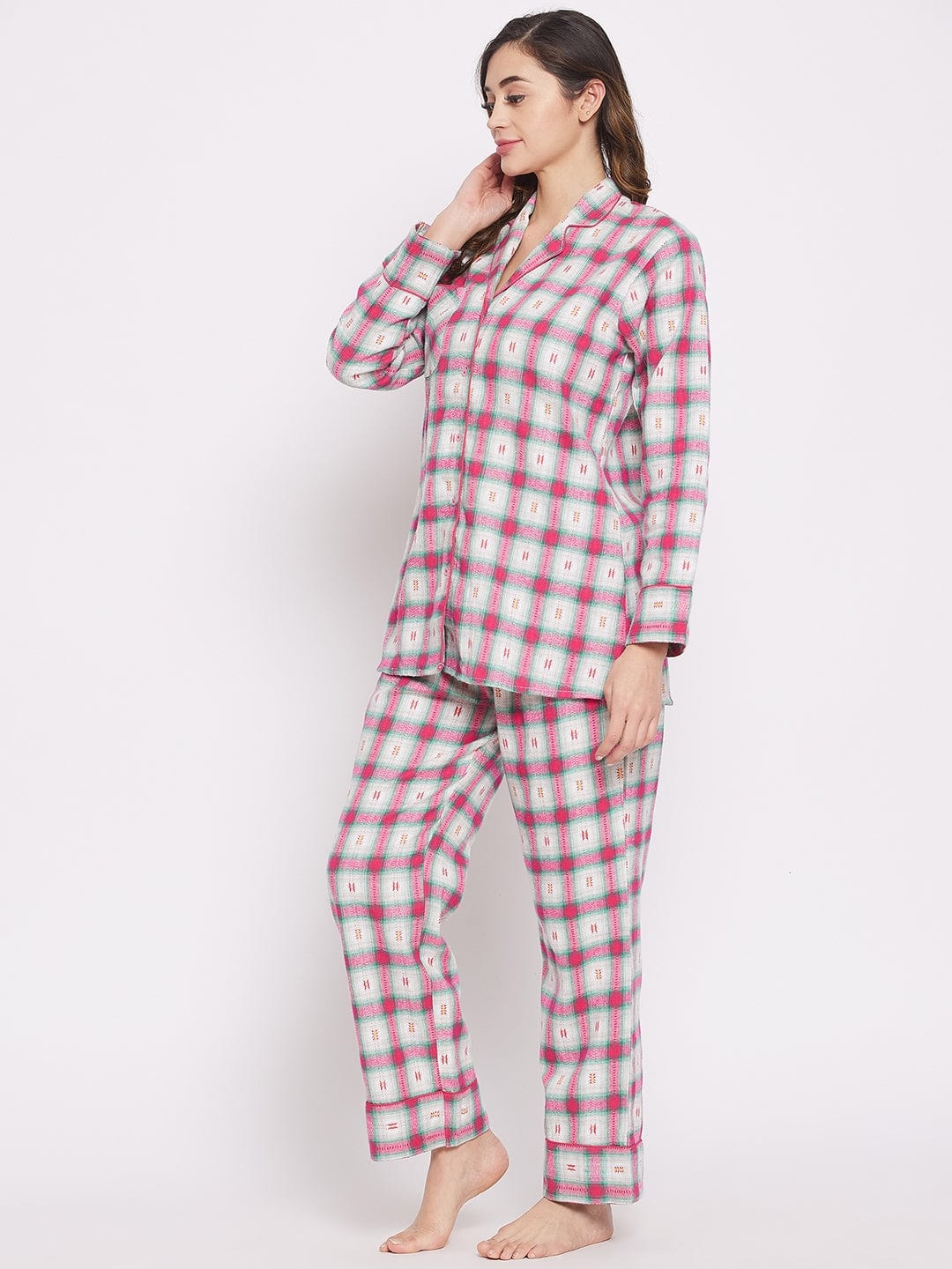 The Kaftan Company Pyjama Set White Brushed Cotton Checkered Lounge set (Final Sale)