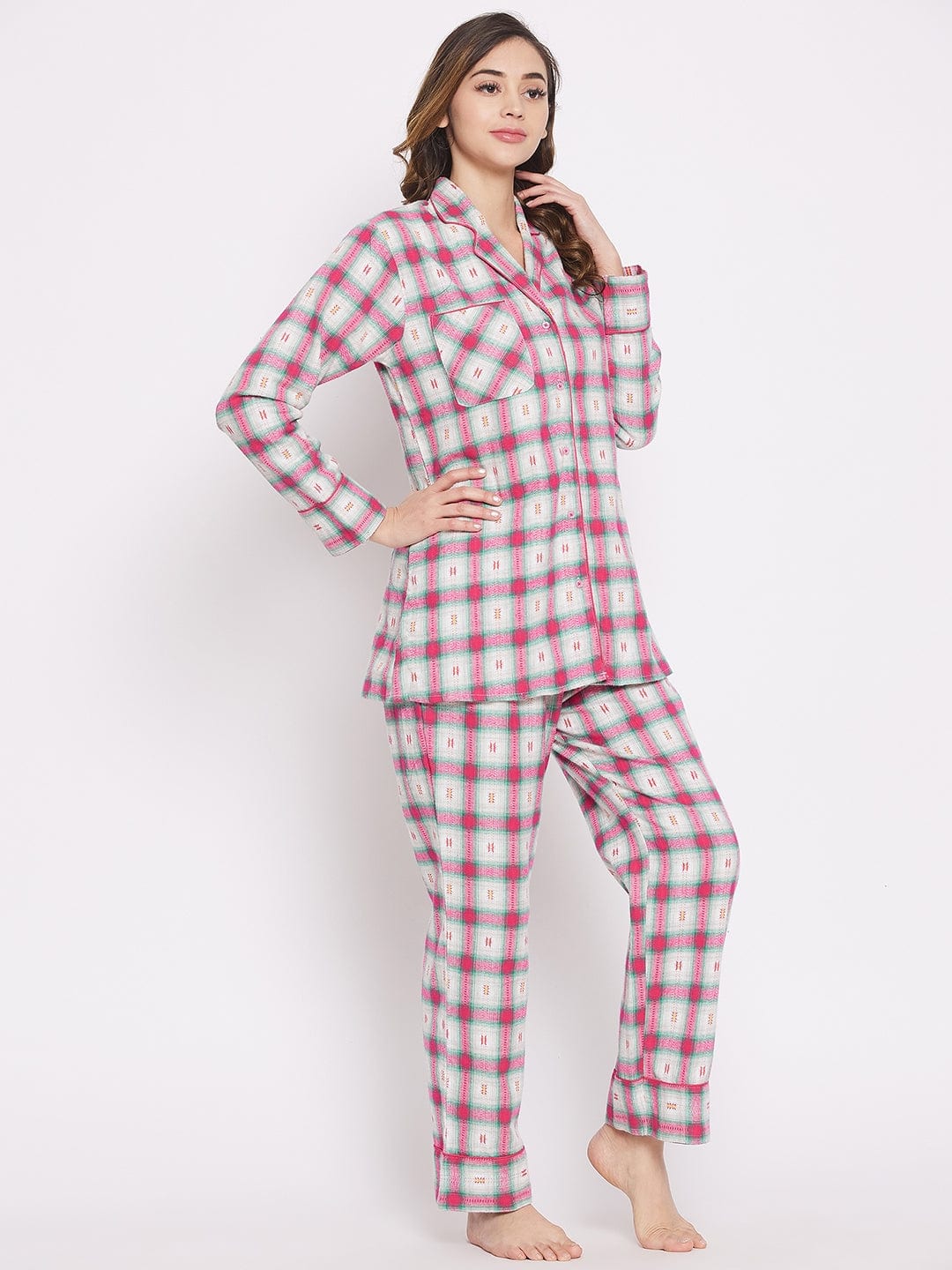 The Kaftan Company Pyjama Set White Brushed Cotton Checkered Lounge set (Final Sale)
