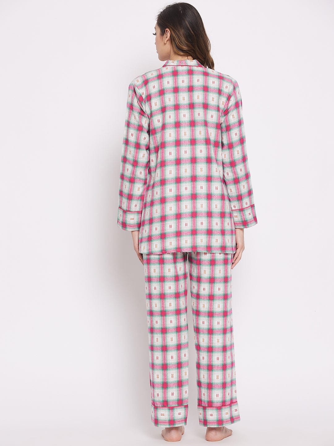 The Kaftan Company Pyjama Set White Brushed Cotton Checkered Lounge set (Final Sale)