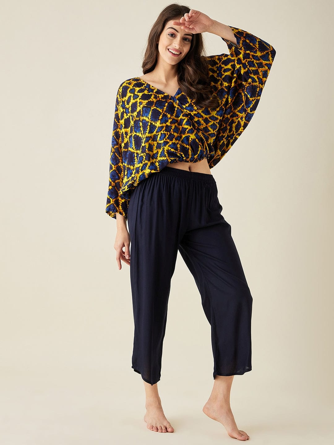 The Kaftan Company Pyjama Set Yellow and Blue Printed Lounge Set