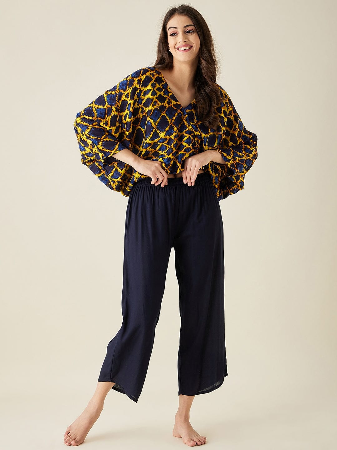 The Kaftan Company Pyjama Set Yellow and Blue Printed Lounge Set