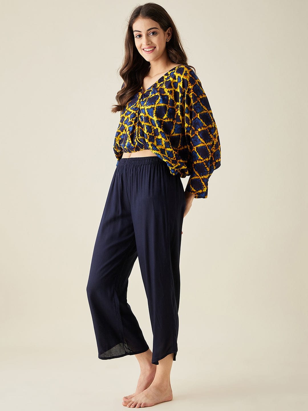 The Kaftan Company Pyjama Set Yellow and Blue Printed Lounge Set