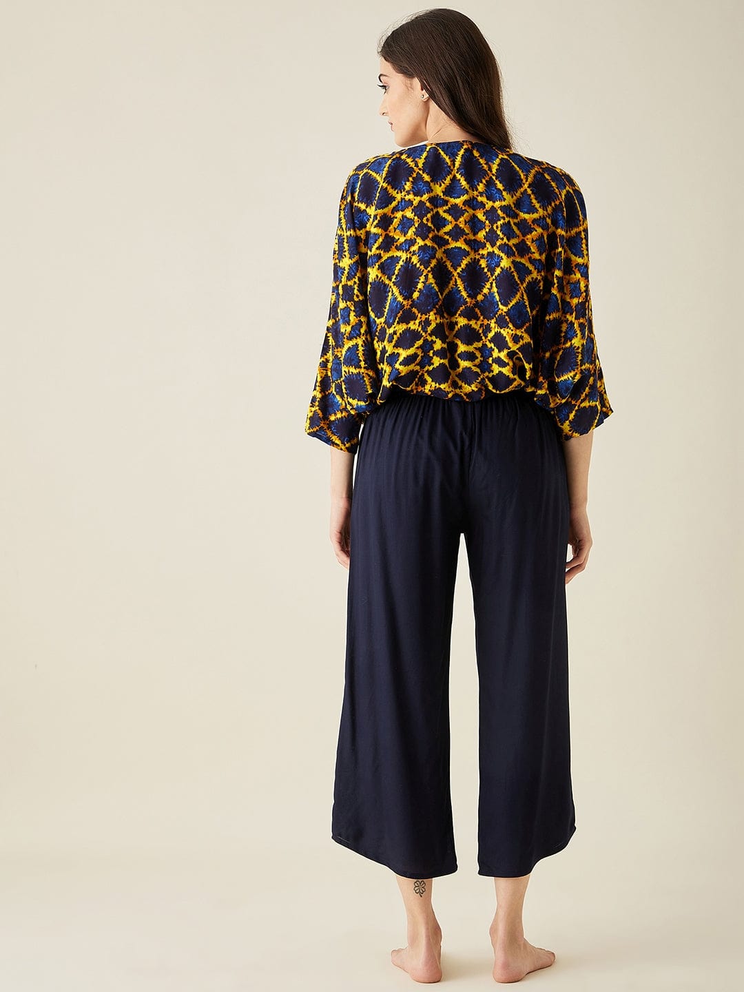 The Kaftan Company Pyjama Set Yellow and Blue Printed Lounge Set