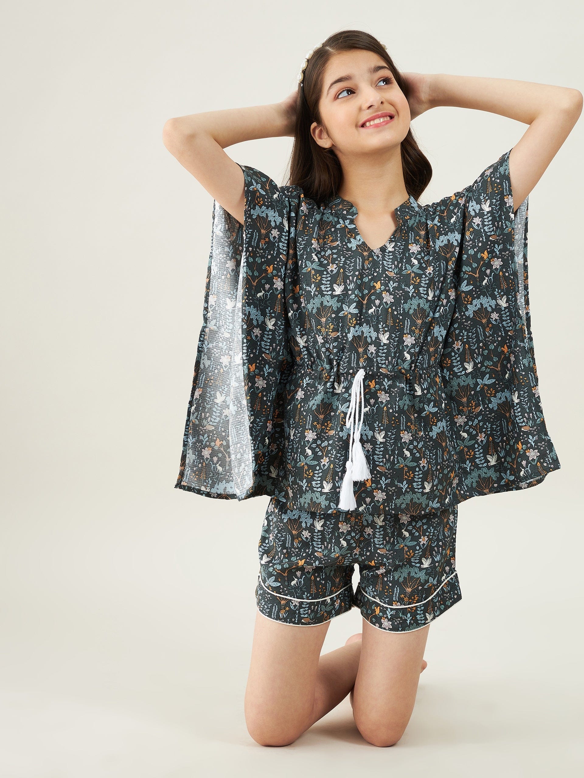 The Kaftan Company Shorts Set Girls Green Forest Print Kaftan Loungeset